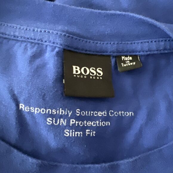 BOSS Hugo Boss Shirt Men Large Blue Short Sleeve Slim Fit Solid Spellout Tee - Picture 3 of 11